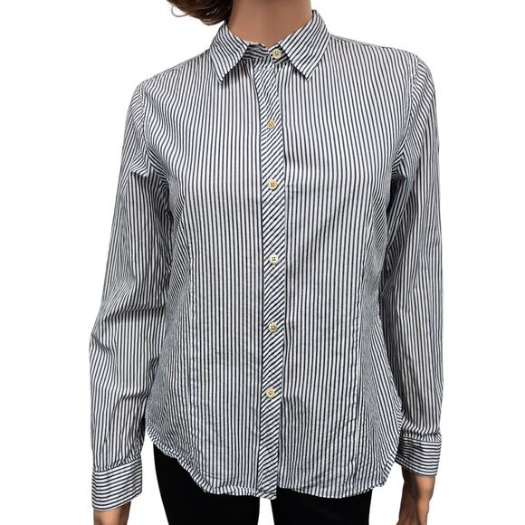 LL Bean Long Sleeve Button-up Shirt Blue White Striped Women 8P Essential Cotton - Picture 2 of 10